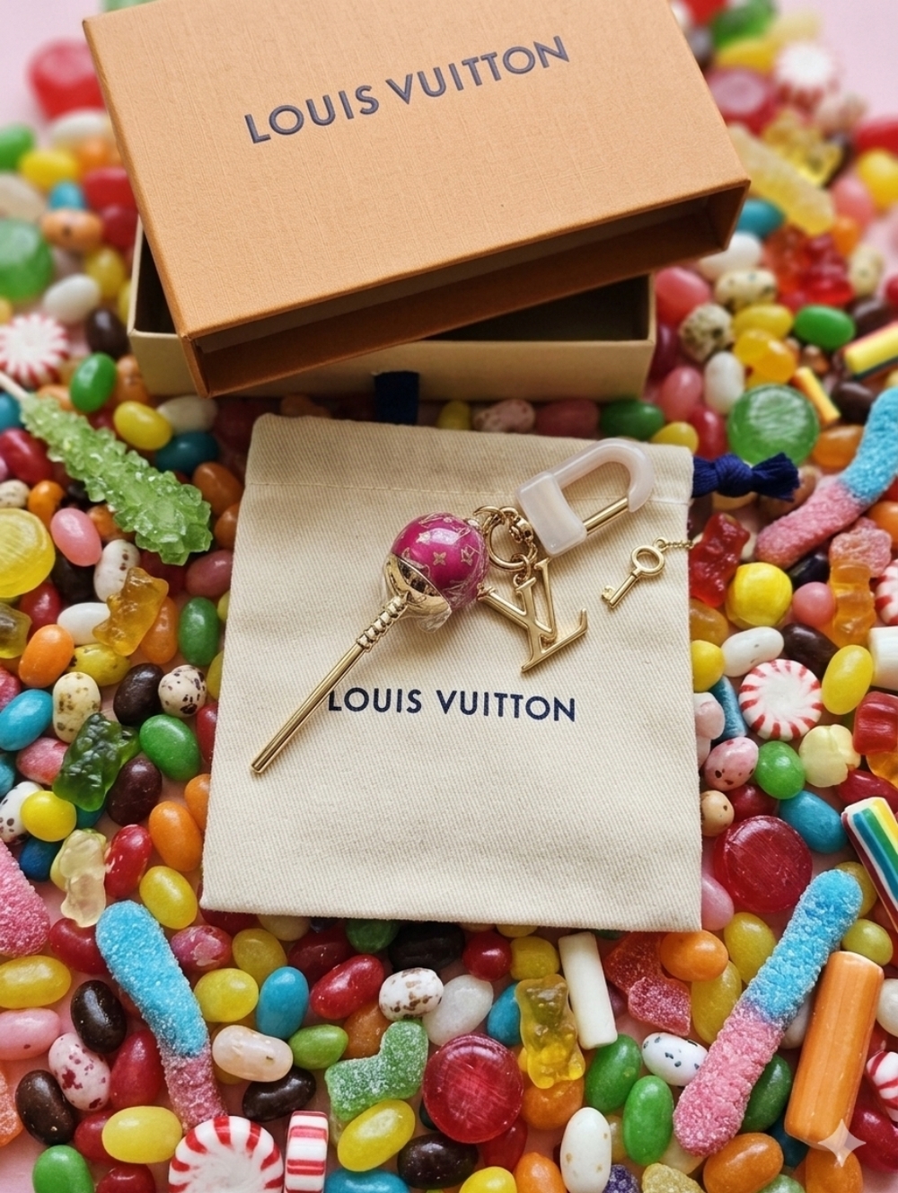 Pink Lollipop Charm Keychain With Dust Bag And Box